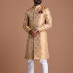 Fawn and Golden Banarasi Brocade Silk Heavy Embroidery Sherwani | Jaipurio